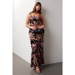 Dress The Population Paris Black Floral Jacquard Ruffled Sheath Gown Size XXL